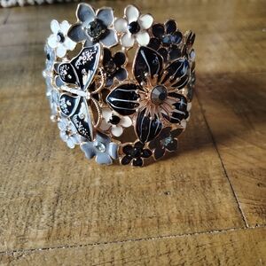 Floral Black , Gray and White Cuff Bracelet